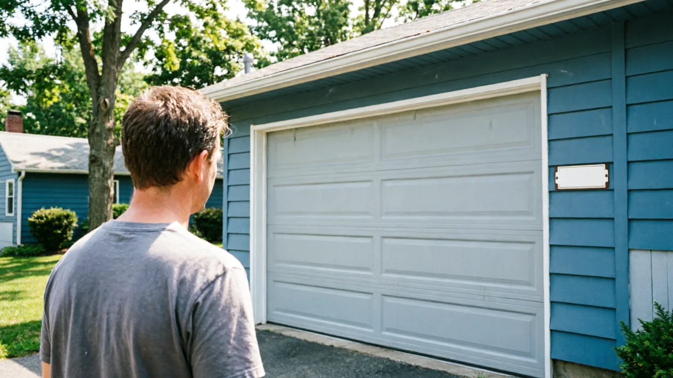 A man in a gray shirt looks at a closed gray garage door.