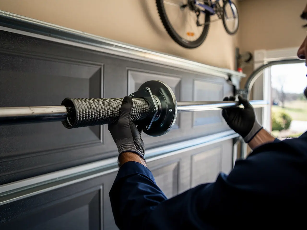 A technician in black gloves adjusts a torsion spring on a dark gray garage door.
