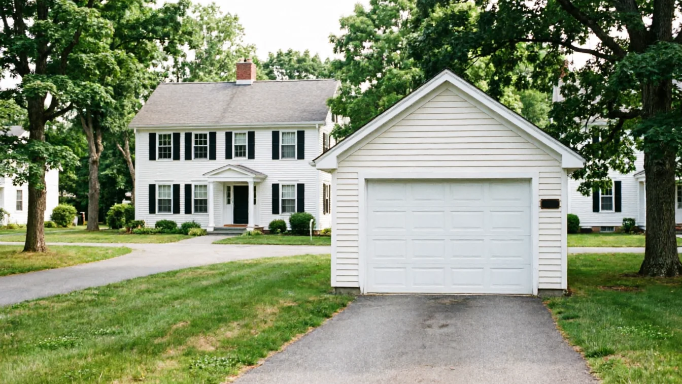 A white garage with a white garage door and a white house behind it.