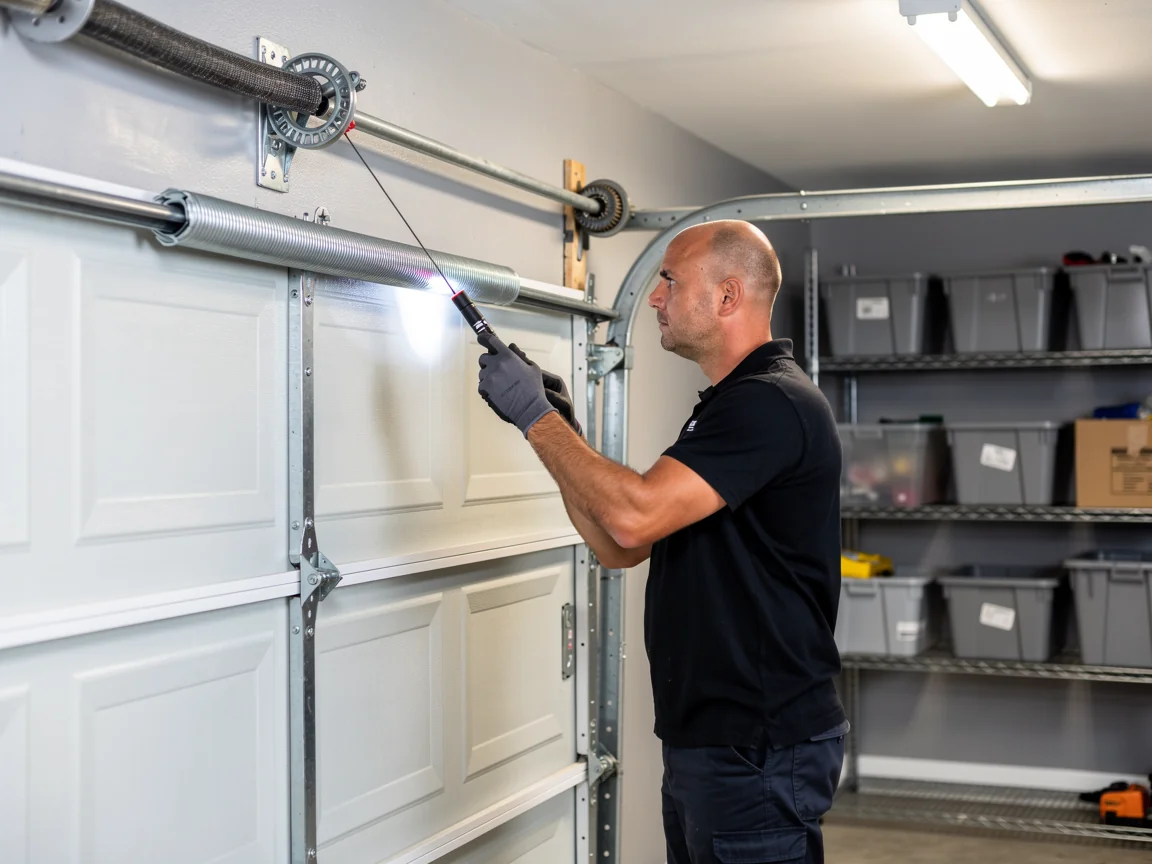 A technician shines a flashlight on a garage door extension spring.