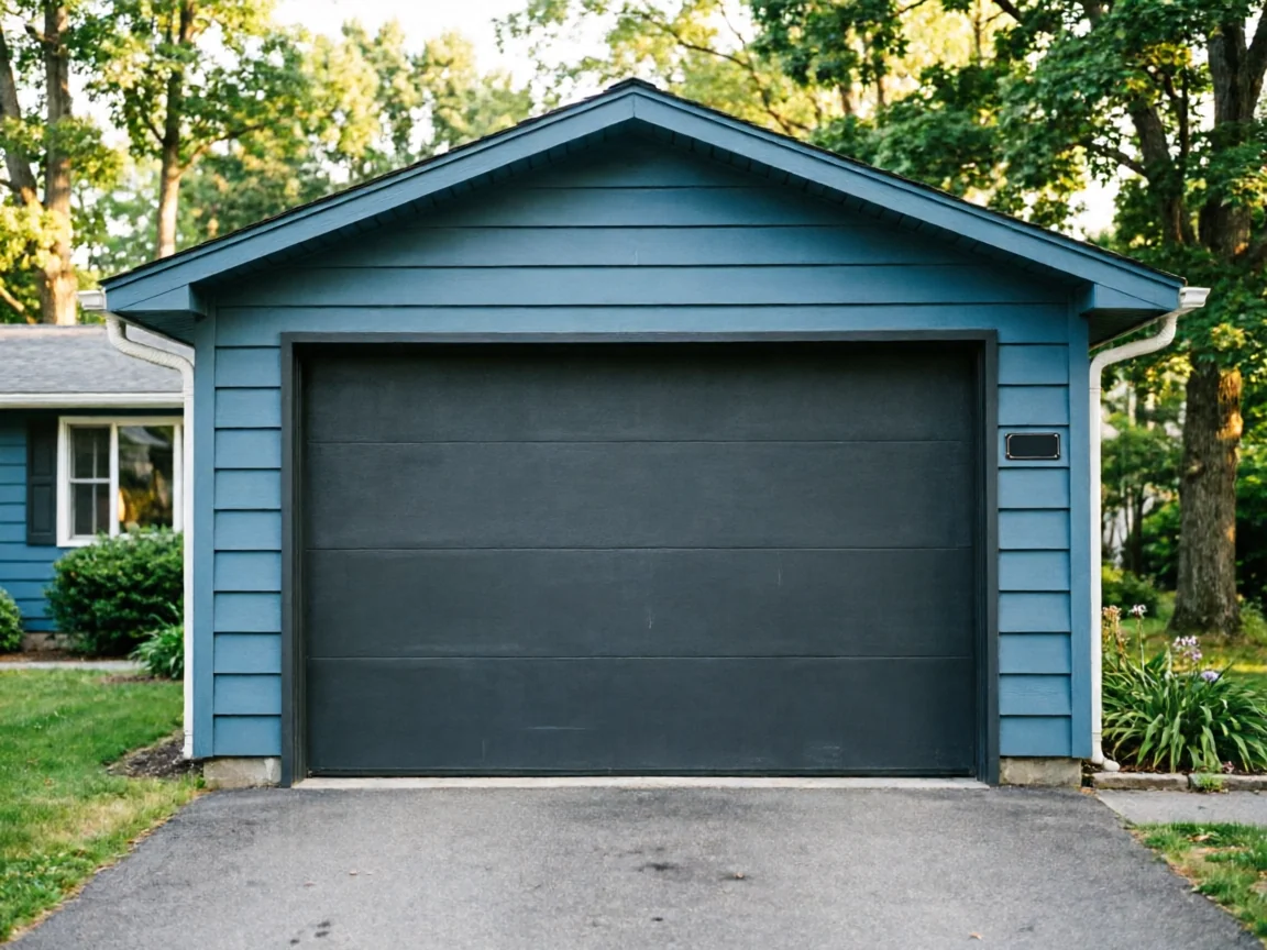 A dark gray garage door is on a blue garage with white trim.