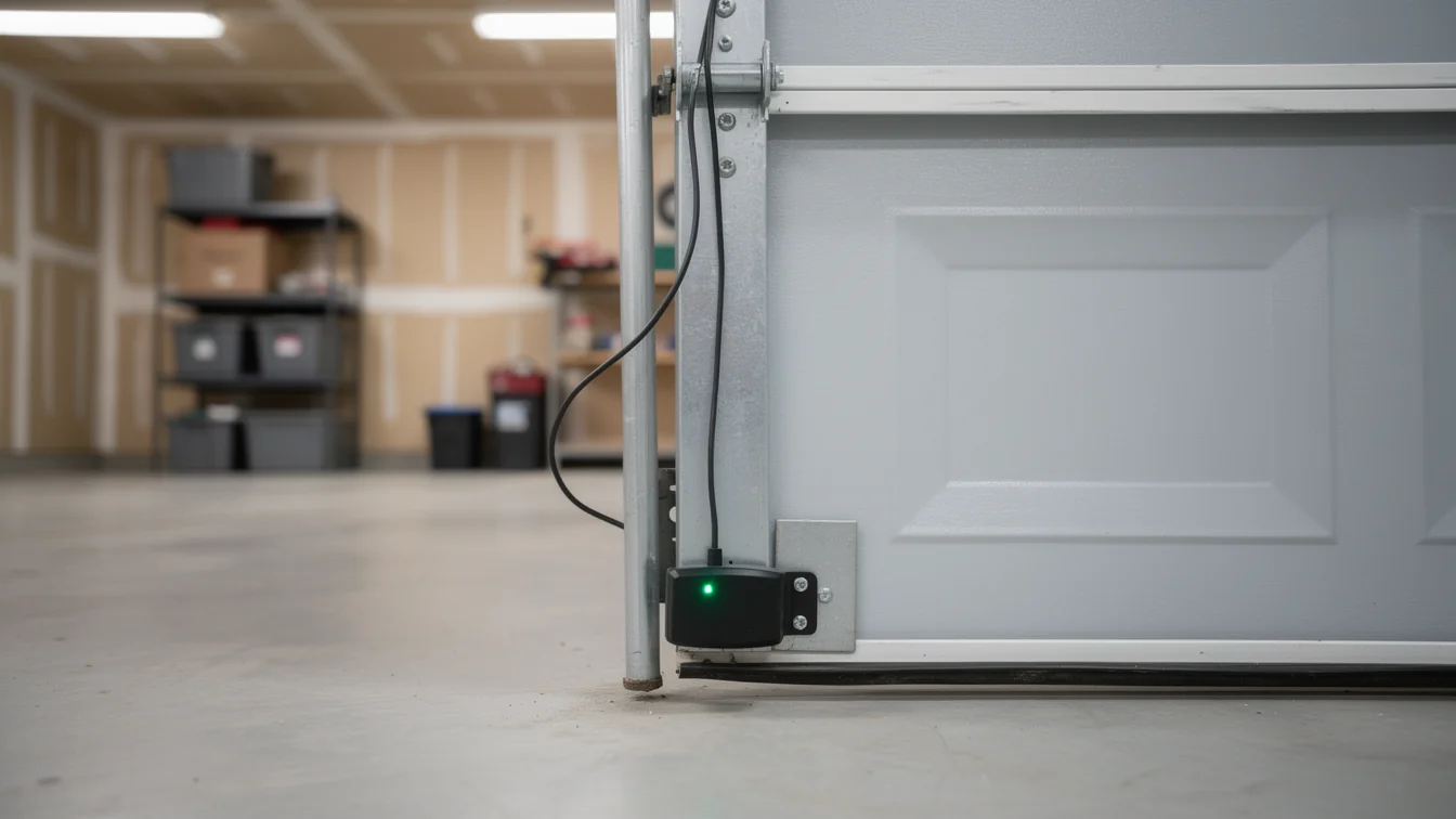 A garage door sensor with a green light is mounted on the bottom of a white garage door.