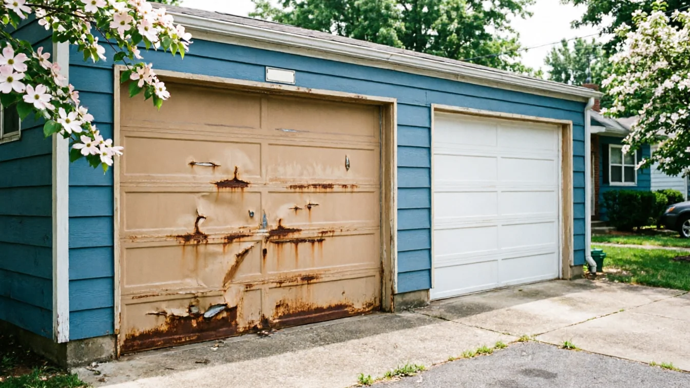 A blue garage has one rusted, dented brown door and one clean white door.