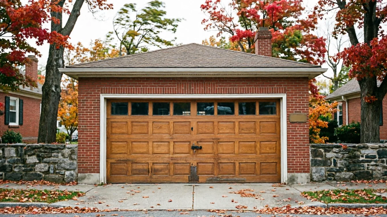 A brick garage with a wooden door and windows is surrounded by autumn trees.
